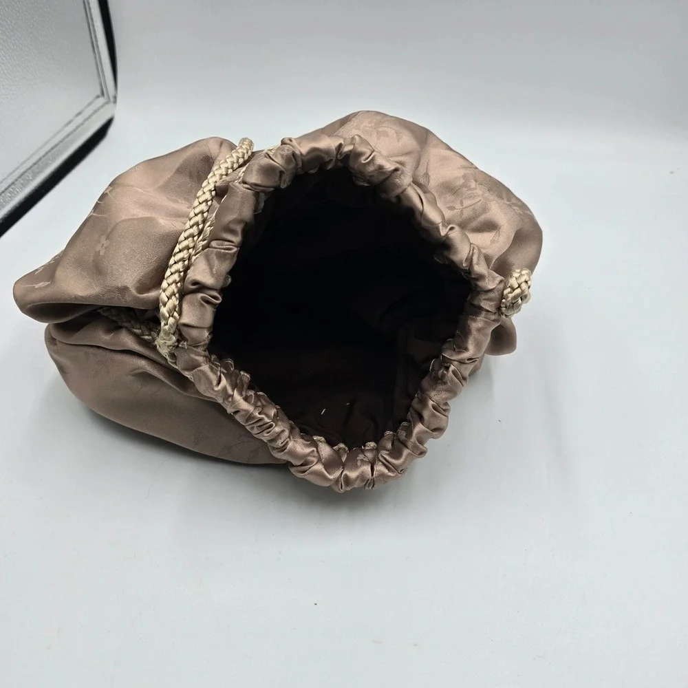 Vintage Bronze Floral Damask Evening Bag Braided Rope Pouch Rosette Taupe Formal